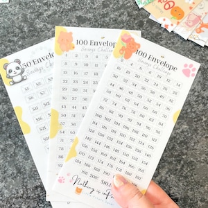 50 y 100 SOBRES Rastreador de dinero de desafío de ahorro / Laminado / Para carpetas económicas Sobre de efectivo / Reutilizable / Se adapta a carpeta A6