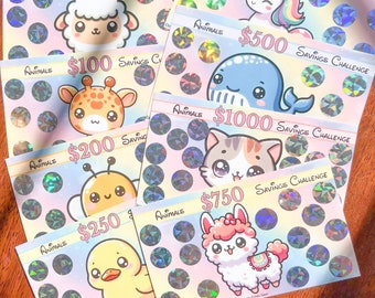 50-1000 Animal Savings Challenge Scratchers | Kawaii Cute Rainbow Edition | A6 Budget Binder Insert | Dollars Euros Pounds