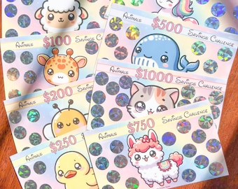 May include: A set of eight colourful cards with holographic accents featuring different animals and the text "Animals Savings Challenge". The cards are labelled with dollar amounts from £50 to £1000.