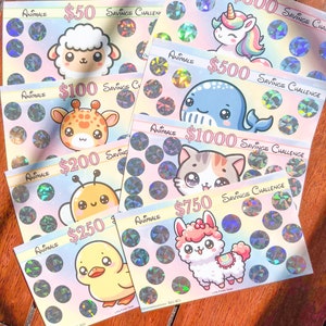 50-1000 Animal Savings Challenge Scratchers | Kawaii Cute Rainbow Edition | A6 Budget Binder Insert | Dollars Euros Pounds