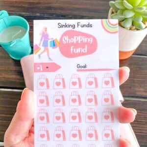 Shopping l Alltags-Spar-Challenge | Sinkbetten | Geld Tracker | Laminiert | Zum Bargeldumschlag Einlegen | Passend für A6 Sammelmappe | Wiederverwendbar