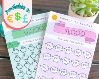 1000 DOLLAR Emergency Savings | Challenge Money Tracker | Laminated  | A6  Budget Binder Insert | Reusable | EUROS POUNDS