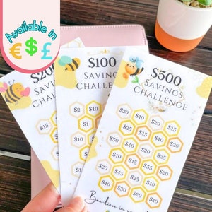 100, 200, 500 DOLLAR Spar-Challenge Geld-Tracker | Laminiert | Für Sammelmappen & Bargeldumschlag |  Wiederverwendbar | Passend für A6 Sammelmappe
