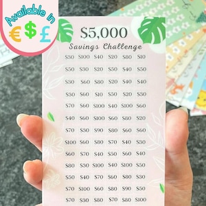 5000 Dollar Savings Challenge Money Tracker / Laminado / Para carpetas económicas y sobres en efectivo / Reutilizable / Se adapta a la carpeta A6