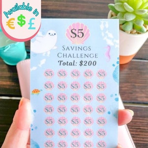 Rastreador de dinero para el desafío de ahorro con billetes de 5, 10 y 20 dólares / Laminado / Reutilizable / Inserto para carpeta de presupuesto A6 / Disponible en EUROS, LIBRAS Y DÓLARES