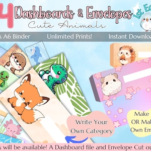 24 Blanko Dashboard & Umschlag - Süße Tiere 1st Edition | A6 Bargeld Umschlag | Kategorie Couvert Einlagen A6 | Druckbar | Digital