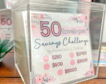 50 Envelope Savings Challenge - 5 IN ONE Savings Challenge | Save 250, 500, 1000, 3000, 5000 | Reusable | Acrylic Box Optional Cash Stuffing