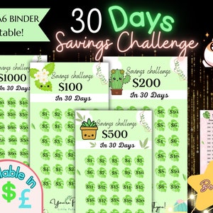 30 Days Savings Challenge | Month | Printable | Money Tracker | For Cash Envelope |A6 Savings Challenge | Budget Binder Insert