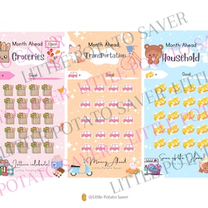 May include: Three printable monthly goal tracker sheets with cute cartoon characters. The first sheet is pink and features a grocery bag with a face, the second sheet is peach and features a fox, and the third sheet is blue and features a bear. Each sheet has a title, a goal section, and a grid of 25 squares.