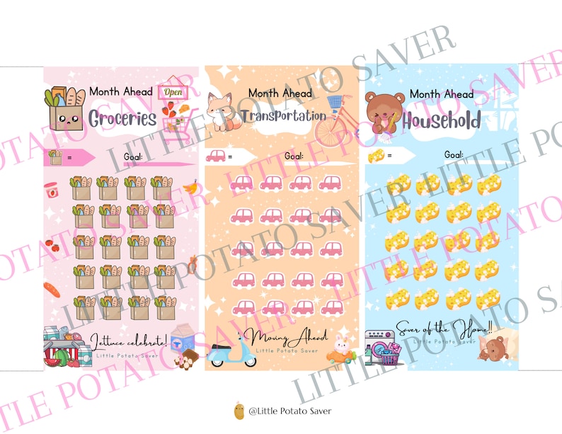 May include: Three printable monthly goal tracker sheets with cute cartoon characters. The first sheet is pink and features a grocery bag with a face, the second sheet is peach and features a fox, and the third sheet is blue and features a bear. Each sheet has a title, a goal section, and a grid of 25 squares.