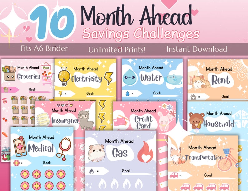 May include: Ten printable A6 binder sized cards with cute illustrations and the text "Month Ahead" followed by a category such as "Groceries", "Electricity", "Water", "Insurance", "Medical", "Credit Card", "Rent", "Household", "Gas", and "Transportation".