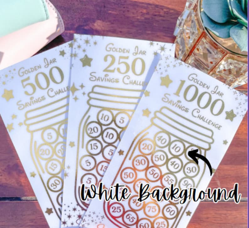 May include: Three gold-colored printable cards with a jar savings challenge theme. The cards are labeled "Golden Jar Savings Challenge" with the amounts $500, $250, and $1000. Each card has a jar with coins inside, with the amounts of the coins listed.