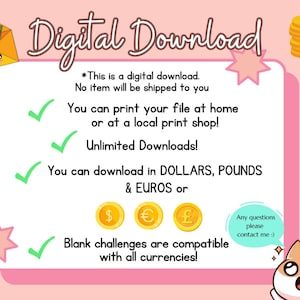 May include: Pink and white digital download graphic with a cartoon envelope, check marks, and coins. The text reads "Digital Download" and includes information about printing and downloading the file.