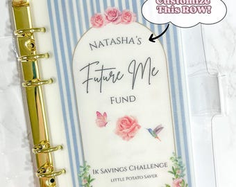 Sfida di risparmio "Future Me" | Buste in pergamena opaca | Tracker del budget elegante e laminato satinato / Nome personalizzato | Risparmia 500 1k 5k 10k