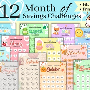 12 Month Savings Challenge | Save 500 Dollars Monthly | 30 Days |  Money Tracker | For Cash Envelope | Cash Stuffing | Fits A6 | Printable