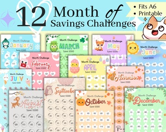 12 Month Savings Challenge | Save 500 Dollars Monthly | 30 Days |  Money Tracker | For Cash Envelope | Cash Stuffing | Fits A6 | Printable