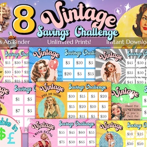 8 Vintage Mädchen Spar-Challenges | 50-700 Geld Tracker | A6 Spar-Challenges | Digital | Budget Binder und Geld Umschlag Insert