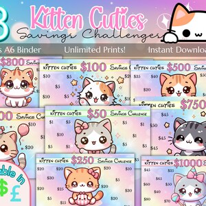 May include: Eight printable savings challenge cards featuring cute cartoon kittens with different amounts, such as $100, $200, $300, $500, $750, and $1000. The cards are designed to fit in an A6 binder and are available for instant download.