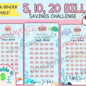 5, 10, 20 Dollar Bills Savings Challenge Printable | A6 Budget Binder Insert | Money Tracker | Available DOLLARS EUROS POUNDS