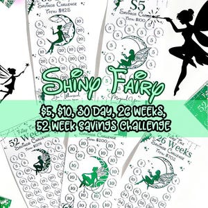 Shiny Fairy 5 10 Dollar, 26 Wochen, 52 Wochen, 30 Tage Spar-Challenge | Folienspar-Challenge | Laminiert | Wiederverwendbar | A6 Geld-Tracker