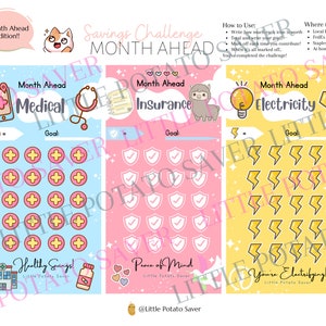 May include: A printable savings challenge tracker with three sections: Medical, Insurance, and Electricity. Each section has a cute illustration and a goal section. The tracker is designed to help people save money by tracking their progress towards their goals.
