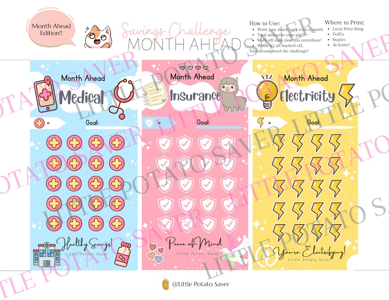 May include: A printable savings challenge tracker with three sections: Medical, Insurance, and Electricity. Each section has a cute illustration and a goal section. The tracker is designed to help people save money by tracking their progress towards their goals.