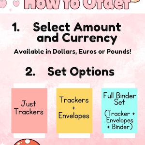 Pode incluir: Gr&aacute;fico rosa e branco com o texto "Como encomendar" e instru&ccedil;&otilde;es sobre como encomendar um conjunto de rastreadores, envelopes e uma pasta. As op&ccedil;&otilde;es incluem "Apenas rastreadores", "Rastreadores + envelopes", e "Conjunto de pasta completo (Rastreador + envelopes + pasta)". O gr&aacute;fico tamb&eacute;m inclui um cogumelo de desenho animado.