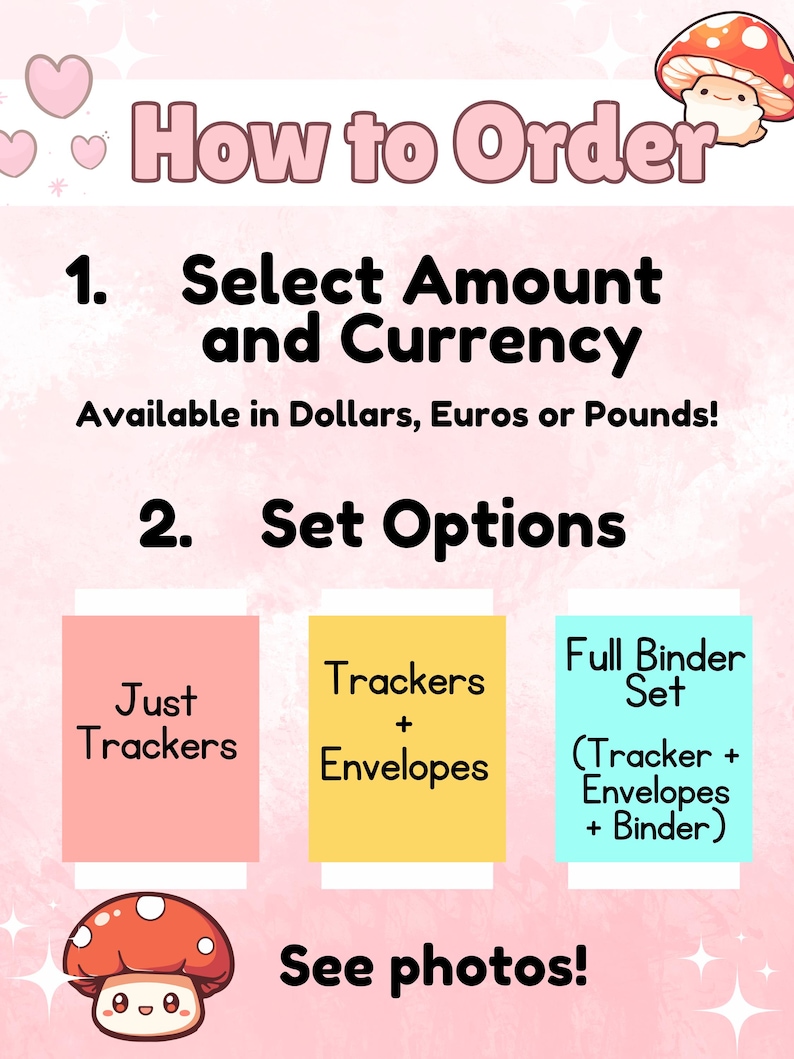 Pode incluir: Gr&aacute;fico rosa e branco com o texto "Como encomendar" e instru&ccedil;&otilde;es sobre como encomendar um conjunto de rastreadores, envelopes e uma pasta. As op&ccedil;&otilde;es incluem "Apenas rastreadores", "Rastreadores + envelopes", e "Conjunto de pasta completo (Rastreador + envelopes + pasta)". O gr&aacute;fico tamb&eacute;m inclui um cogumelo de desenho animado.