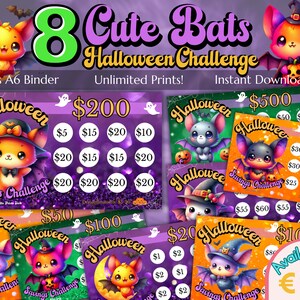 8 söta fladdermöss Halloween-sparutmaning | Spara 20-1000 kr Pengarspårning | A6-sparutmaningar | Digitalt | Läskigt kontantkuvertinlägg
