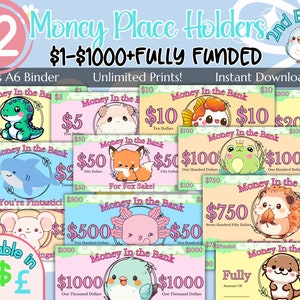 12 Platzhalter fürs Geld - Süße Tiere 2nd Ed | 1-1000| A6 Spar-Challenges | Digital | Druckbar | Dollar Euro Pfund vorgetäuschtes Geld