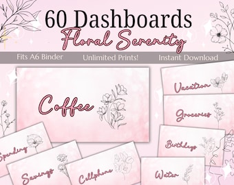 60 Floral Serenity-dashboards | Minimalistisch | A6 geldenvelop categorie-insteekkaarten | Besparingsuitdagingen Tijdelijke aanduiding voor Sinking Fund Afdrukbaar
