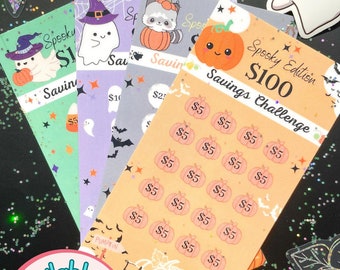 Spooky Edition Spar-Challenge | Geld Tracker | Laminiert | Für Geldumschlag |  Wiederverwendbar | A6 Budget Binder Einlage Halloween Herbst
