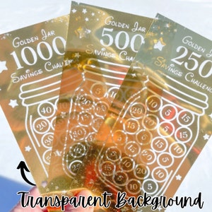 May include: Three gold-colored transparent sheets with a savings challenge theme. Each sheet features a jar with coins and the text "Golden Jar Savings Challenge" with a different goal amount: 1000, 500, and 250.