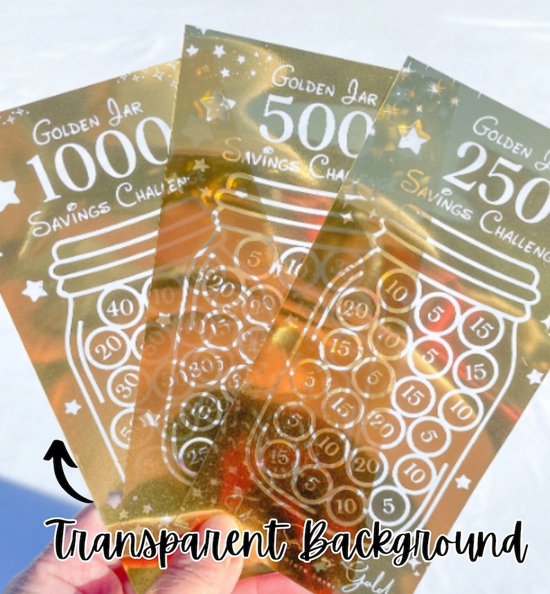 May include: Three gold-colored transparent sheets with a savings challenge theme. Each sheet features a jar with coins and the text "Golden Jar Savings Challenge" with a different goal amount: 1000, 500, and 250.