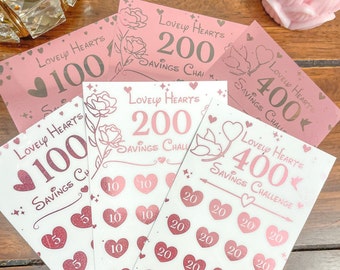 Lovely Hearts | Pink Foil Savings Challenge | Laminated | Reusable | A6 Budget binder Insert | 100 200 400 |  Money tracker