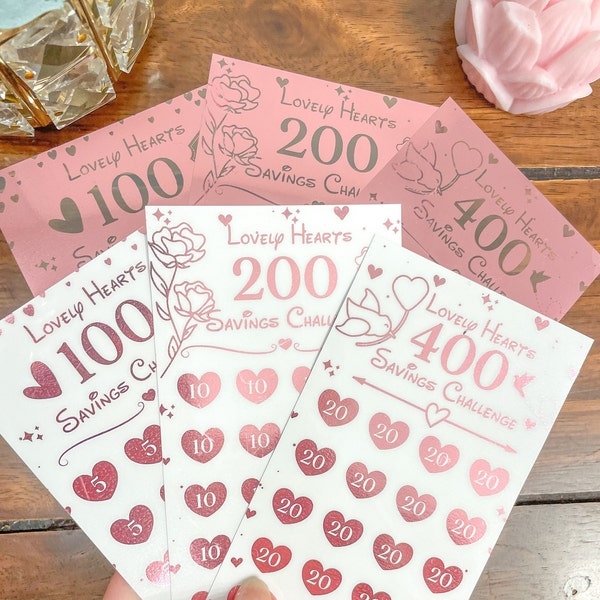 Lovely Hearts | Pink Foil Savings Challenge | Laminated | Reusable | A6 Budget binder Insert | 100 200 400 |  Money tracker