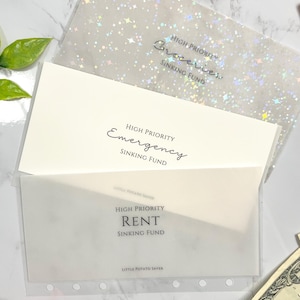 Peut inclure: Trois enveloppes en plastique transparent avec un motif d'étoiles sur l'enveloppe supérieure. Les enveloppes sont étiquetées avec le texte "HIGH PRIORITY" et les catégories "Groceries", "Emergency" et "Rent". Chaque enveloppe porte également le texte "SINKING FUND".