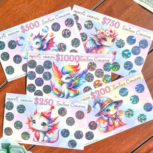 50-1000 Mystic Dragon Spar-Challenge Rubbel | Niedliches Regenbogen Motiv | A6 Heftmappe Einlage | Dollar Euro Pfund