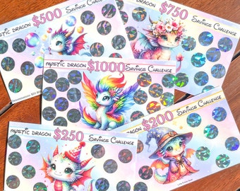 50～1000 ミスティックドラゴン貯蓄チャレンジスクラッチカード | カワイイキュートレインボーエディション | A6予算バインダーインサート | ドル、ユーロ、ポンド