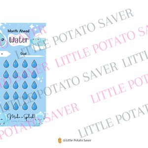 May include: A blue and white printable water tracker with the text "Month Ahead Water" and "Make a Splash!"  The tracker has 30 blue raindrops to color in as a visual reminder to drink water.