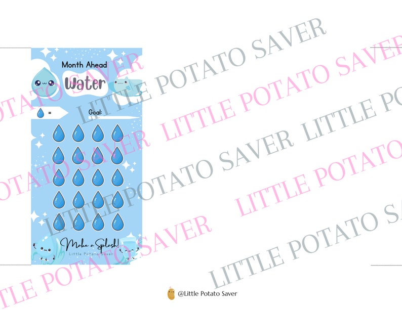 May include: A blue and white printable water tracker with the text "Month Ahead Water" and "Make a Splash!"  The tracker has 30 blue raindrops to color in as a visual reminder to drink water.