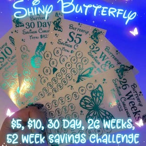 Shiny Butterfly 5 10 dollari, 26 settimane, 52 settimane, sfida di risparmio di 30 giorni / sfida di risparmio in lamina / laminato / riutilizzabile / A6 Money tracker
