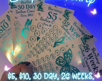 Shiny Butterfly 5 10 Dollar, 26 Weeks, 52 Weeks, 30 Day Savings Challenge | Foil Savings Challenge | Laminated | Reusable | A6 Money tracker