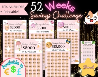 May include: A set of printable pink and white savings challenge charts with cute illustrations. The charts are designed to help you save money over 52 weeks. The amounts to save each week are listed on the charts, ranging from £5 to £300. The charts are available in a variety of amounts, including £2,000, £3,000, £5,000, £10,000, and £15,000. There is also a bonus chart for saving £5,000.