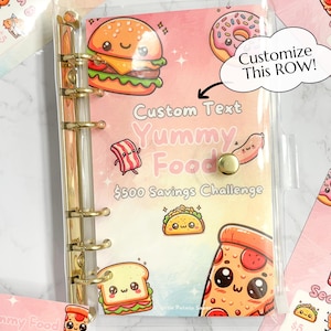May include: A pink and white planner with a clear cover and gold rings. The planner features a variety of cute food illustrations, including a hamburger, doughnut, pizza, taco, and sandwich. The text "Custom Text Yummy Food £500 Savings Challenge" is printed on the planner. The text "Customize This ROW!" is written in a speech bubble.