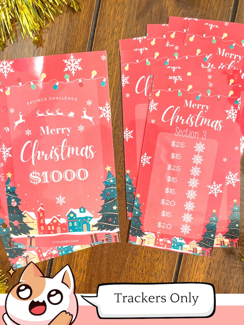 Pode incluir: Um rastreador de desafios de poupan&ccedil;a de Natal imprim&iacute;vel vermelho e branco com uma ilustra&ccedil;&atilde;o de vila de inverno festiva e o texto "Feliz Natal 1000 &euro;".