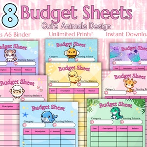 Peut inclure: Huit feuilles de budget imprimables illustrant de jolis animaux. Chaque feuille a un fond à carreaux rose et blanc avec une bordure rose. Les feuilles sont conçues pour être utilisées dans un classeur A6.