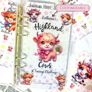 May include: A clear A6 binder with gold rings featuring a Highland cow theme. The cover displays a cartoon Highland cow with a pink bow, the text Katherine's Highland Cows 1k Savings Challenge, and Little Potato Saver. Includes matching inserts.