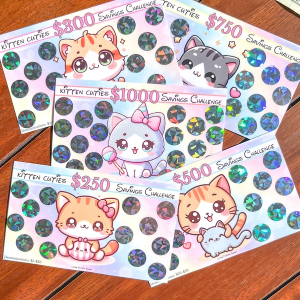50-1000 Kätzchen Cuties Spar-Challenge | Niedliches Regenbogen Motiv | A6 Heftmappe Einlage | Dollar Euro Pfund