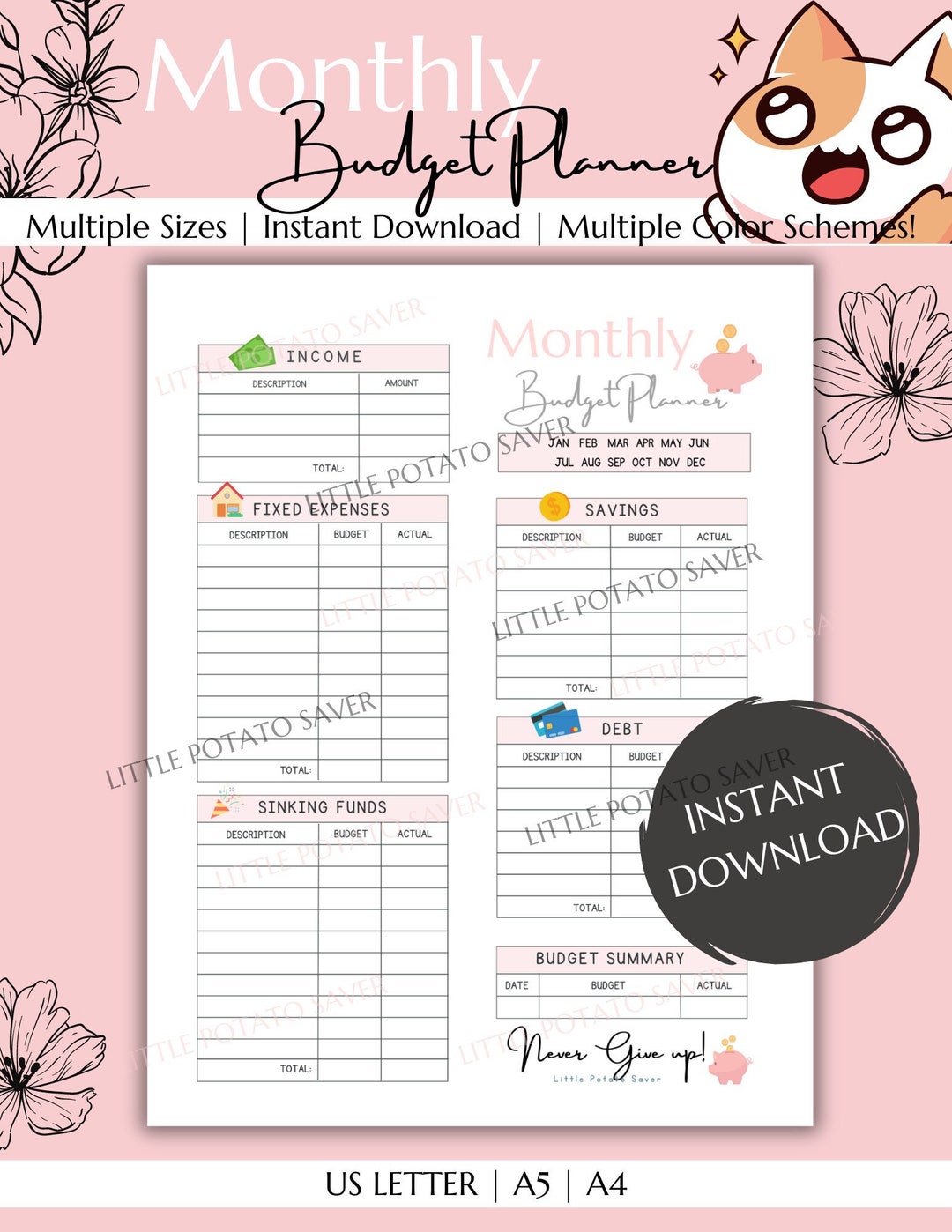 MONTHLY BUDGET TRACKER Sheet | Printable | Monthly Income | Expense ...